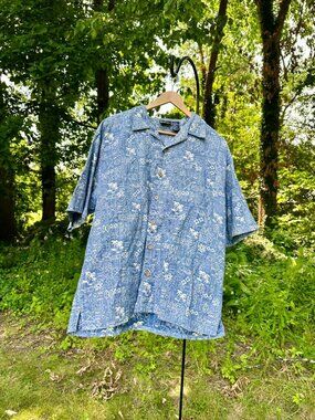 OP Ocean Pacific Tropical Hawaiian Shirt Size Large 100% Cotton Light Blue